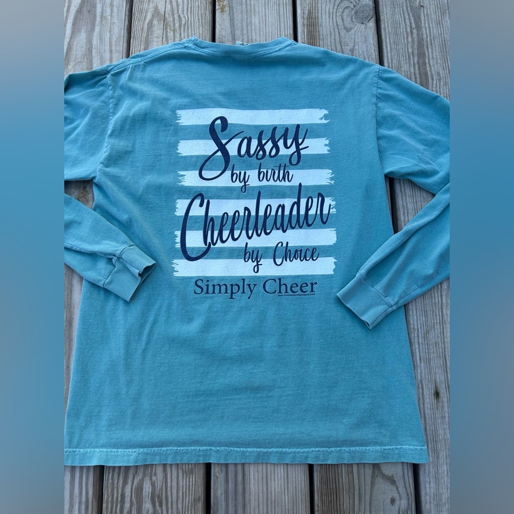 Comfort Colors Women's Teal Simply Cheer Cheerleader Tee Shirt Size M Preppy